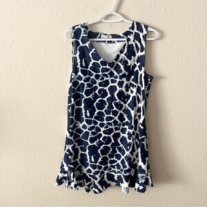 Tina + Jenna Blue Print Dress Ruffle Hem Sleeveless V Neck Size XL